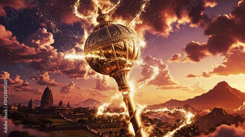 A majestic golden gada, symbolizing lord hanuman, radiates powerful energy amidst a fiery, dramatic sky, celebrating hanuman jayanti.