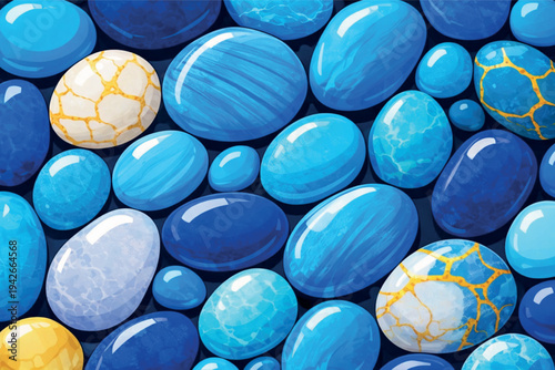 Colorful painted glass Easter eggs in vibrant blue, yellow, green, and white shades create a festive spring holiday decoration isolated on a clean background for a sweet celebration