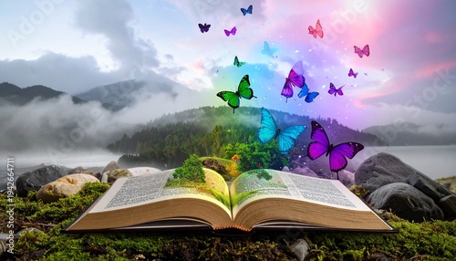 Open book releasing butterflies and rainbow light symbolizing imagination, wonder, and storytelling