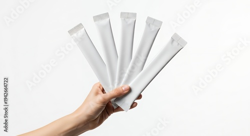 Hand holding multiple white stick sachets against a clean background.