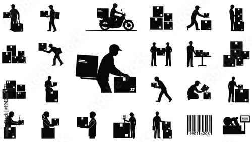 Black Silhouette Icons of Shipping, Delivery, and Logistics, Including Boxes, People, and Vehicles