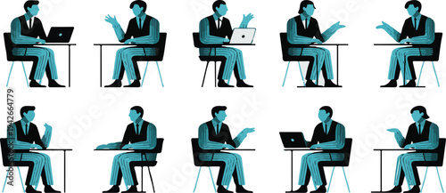Set of blue silhouette businessmen sitting at desk with laptop presenting information in various poses