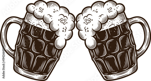 Two overflowing mugs of beer in a vintage engraved style illustration