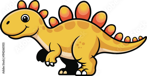 Cute cartoon yellow dinosaur with orange spikes and white claws smiling sideways  isolated