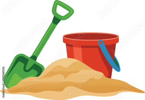 Children’s Beach Toy Set with Green Shovel, Red Bucket, and Sand Pile for Summer, Fun, and Vacation Designs