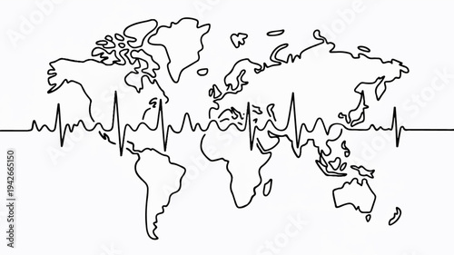 World map with ecg heartbeat line on white background symbolizing global health and vitality