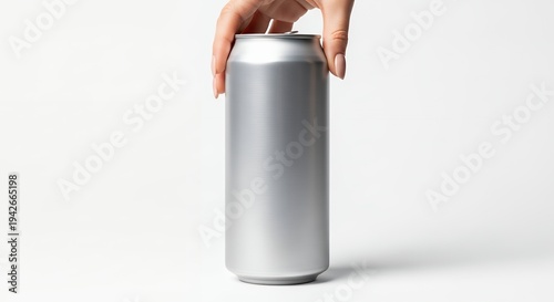 Hand opening a blank silver aluminum beverage can, isolated on a white background, ready for branding or product placement.