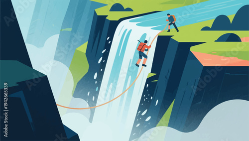 ilustrasi Petualang menuruni tebing di samping air terjun besar, percikan air dan kabut tipis, skala alam yang megah, suasana ekstrem dan berani.eps