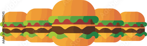 A row of colorful cartoon cheeseburgers with buns lettuce tomato and cheese on white background