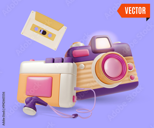 3d Colorful Retro Electronics Analog Device Cassette Player and Photo Camera Concept Cartoon Design Style. Vector illustration
