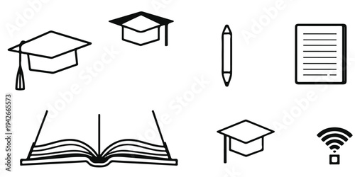 A comprehensive set of school icons for education featuring an open book and textbook vector objects to represent reading, learning, and the pursuit of knowledge in a library or study concept
