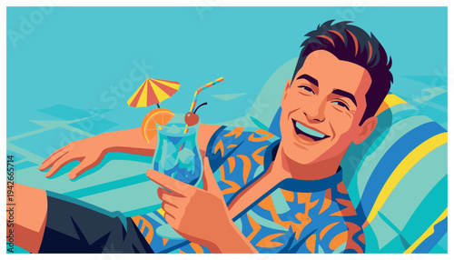 A cheerful young man in a colorful shirt relaxing by the pool on a summer vacation, holding a tropical blue cocktail.