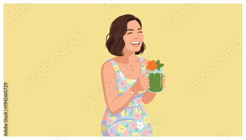 A joyful cartoon woman in a floral summer dress happily holds a healthy green smoothie against a yellow background.