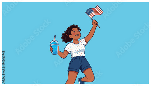 An illustrated young woman of color joyfully waves an American flag while holding a blue slushie drink against a solid blue background.
