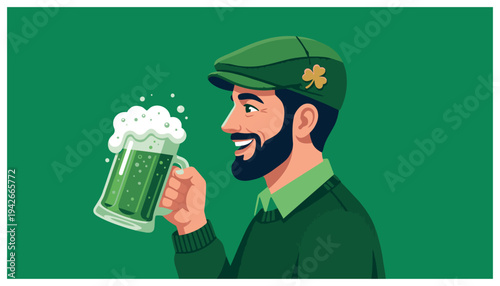 A smiling bearded man in a green cap with a shamrock, celebrating St. Patrick's Day with a mug of green beer.