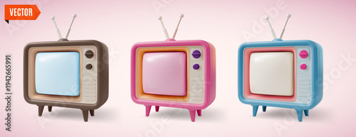 3d Different Color Retro Electronics Analog Device Television Set Concept Cartoon Design Style. Vector illustration of Retro Tv