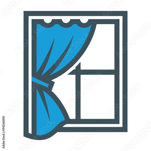 A neatly tied blue curtain draped over a window with a white frame and panes