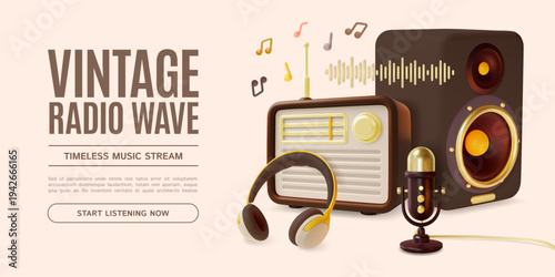3d Vintage Radio Wave Timeless Music Stream Start Listening Now Concept Ads Banner Poster Card Cartoon Design Style. Vector illustration