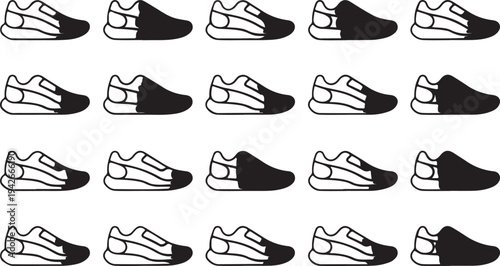 Black and white running shoes with different shaded areas for design or illustration purposes  various styles