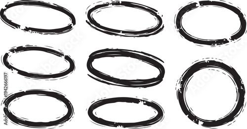 A collection of nine black oval and circular frames featuring a heavy, distressed ink texture and rough edges, perfect for a vintage or industrial aesthetic on a white background.