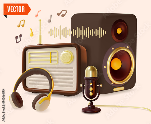 3d Color Vintage Radio Wave Timeless Music Stream Start Listening Now Concept Background Cartoon Design Style. Vector illustration