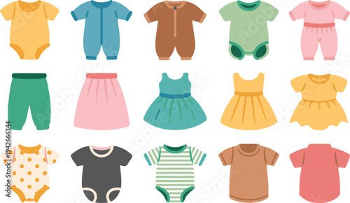 Colorful baby clothing set with onesies dresses and pants for newborns and toddlers