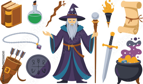 Cartoon wizard with magic items and tools for fantasy and adventure  magical objects