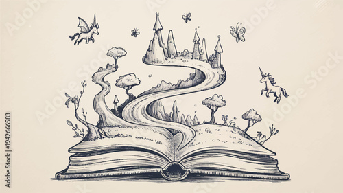 Open book with fantasy castle and winding road emerging from pages surrounded by mushrooms butterflies and stars on beige background