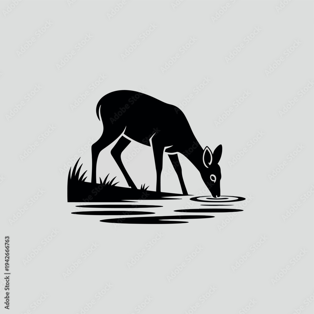 Fototapeta premium A deer drinking water from a pond surrounded by grassy vegetation Vector