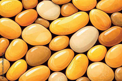 A macro closeup of white and yellow pharmaceutical pills and vitamin capsules scattered on a rustic wooden table for healthcare and medical prescription supplement concepts