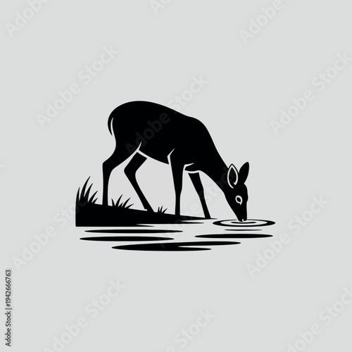 A deer drinking water from a pond surrounded by grassy vegetation Vector