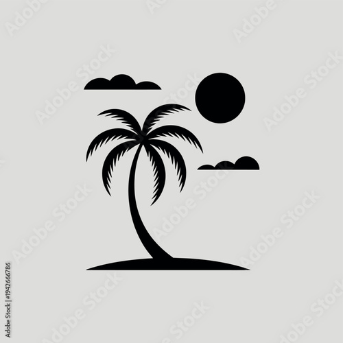 A serene tropical scene with a single palm tree and a bright sun Vector