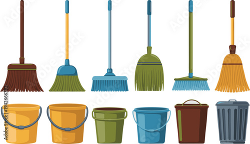 Cartoon cleaning tools and buckets on white background for housekeeping and organization