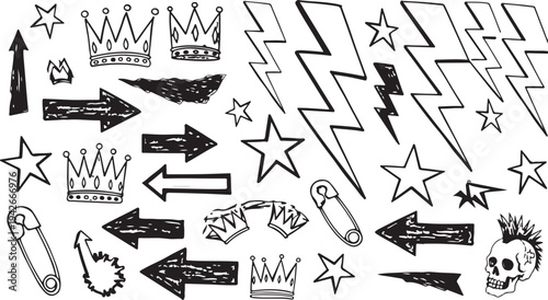 A collection of black hand-drawn punk rock symbols featuring lightning bolts, stars, crowns, safety pins, arrows, and a mohawk skull with distressed ink textures and spray paint effects.