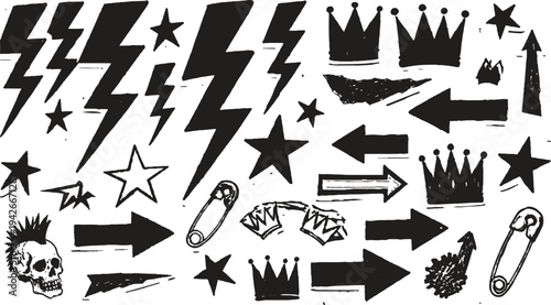 A collection of black hand-drawn punk rock symbols featuring lightning bolts, stars, crowns, safety pins, arrows, and a mohawk skull with distressed textures and spray paint effects.