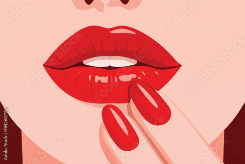 Vector illustration of glamorous woman lips with red glossy lipstick and white teeth featuring a beautiful smile for fashion and cosmetic makeup design