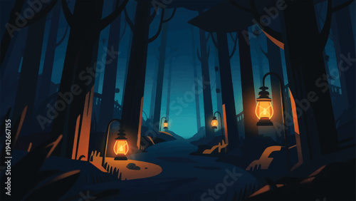 Illustration Of Forest At Night With Lanterns Vector Design Template