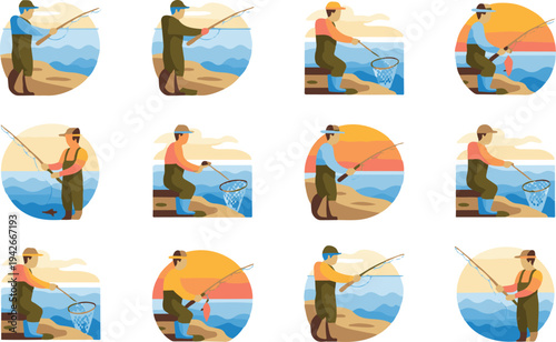 Flat design style illustrations of fishermen in various poses on shore with fishing rods and nets  serene water backgrounds