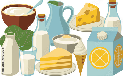 Cartoon dairy products and desserts with milk bottles and carton on white background