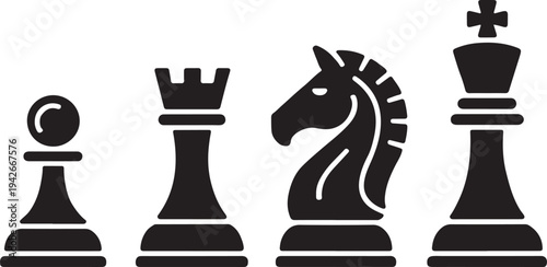 Four black chess pieces on white background pawn queen knight king
