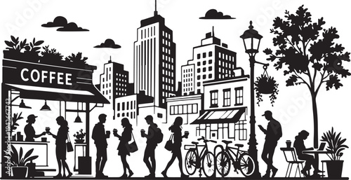 Urban Coffee District Scene Silhouette, Silhouette Vector, Isolated on White Background