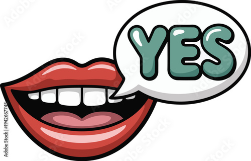 Smiling mouth with speech bubble saying yes in green letters on white background