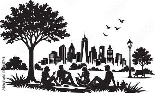 Downtown Lunch Break Scene Silhouette, Silhouette Vector, Isolated on White Background