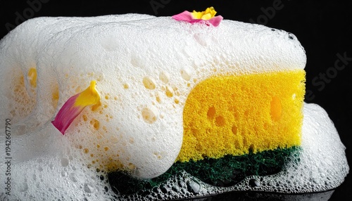 Soapy sponge, yellow & green, with flower petals, against black backdrop