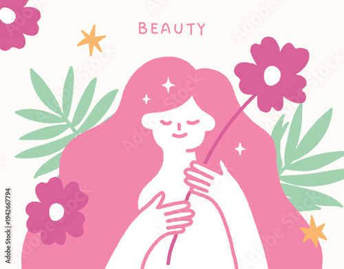 Skin care concept handdrawn illustration with beautiful woman and flowers.