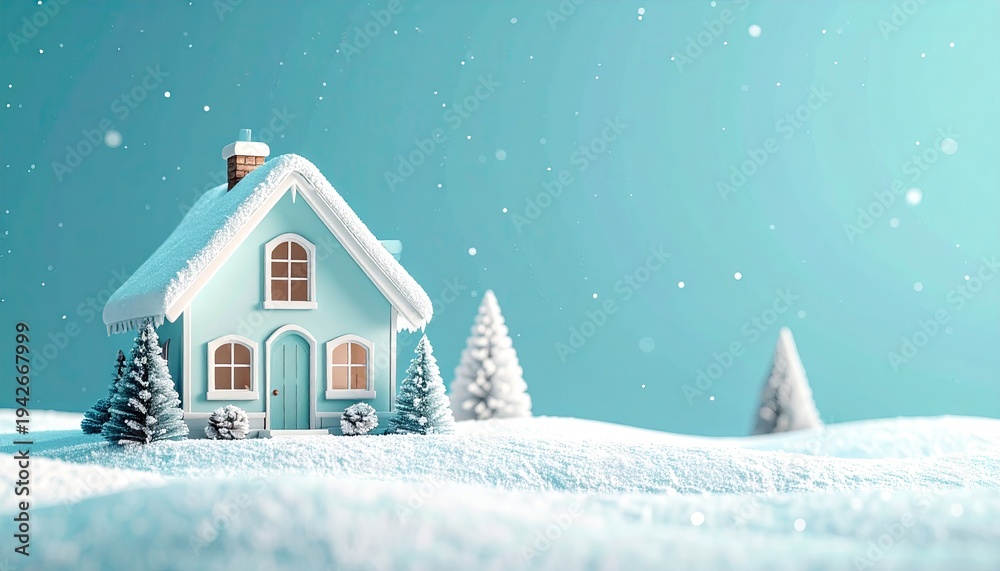 Fototapeta premium Winter scene snowy house on a snow-covered hill with falling flakes