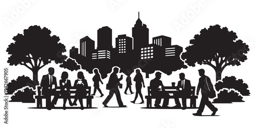 Downtown Lunch Break Scene Silhouette, Silhouette Vector, Isolated on White Background