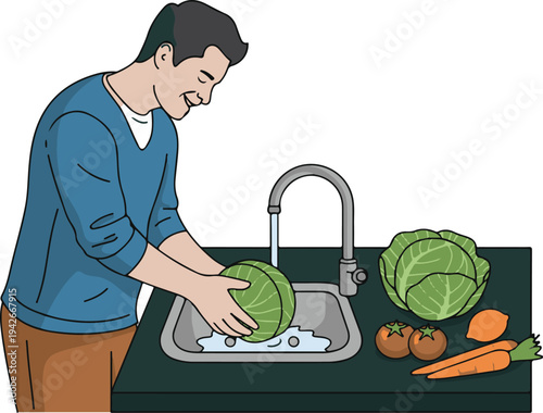 Man washing green cabbage leaves under kitchen sink faucet with vegetables on countertop
