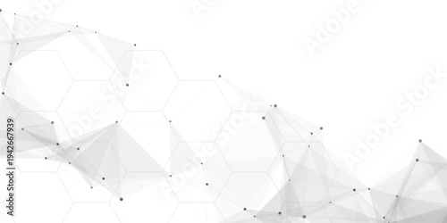 Abstract white and grey plexus network connection background with hexagon pattern. Modern science and technology geometric vector illustration.
