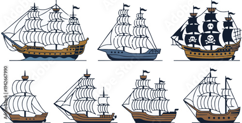 Vintage sailing ships with white sails on calm waters in various orientations and designs  historic vessels